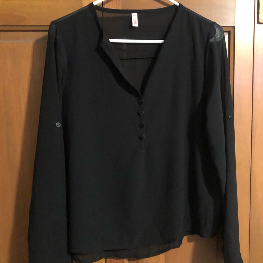 Sheer Black Half Button-Up Blouse